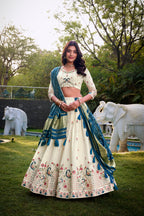 Lorenvalley Offwhite Khadi Cotton Sequins And Thread Embroidery Work Lehenga Choli with Dupatta | Grocsy