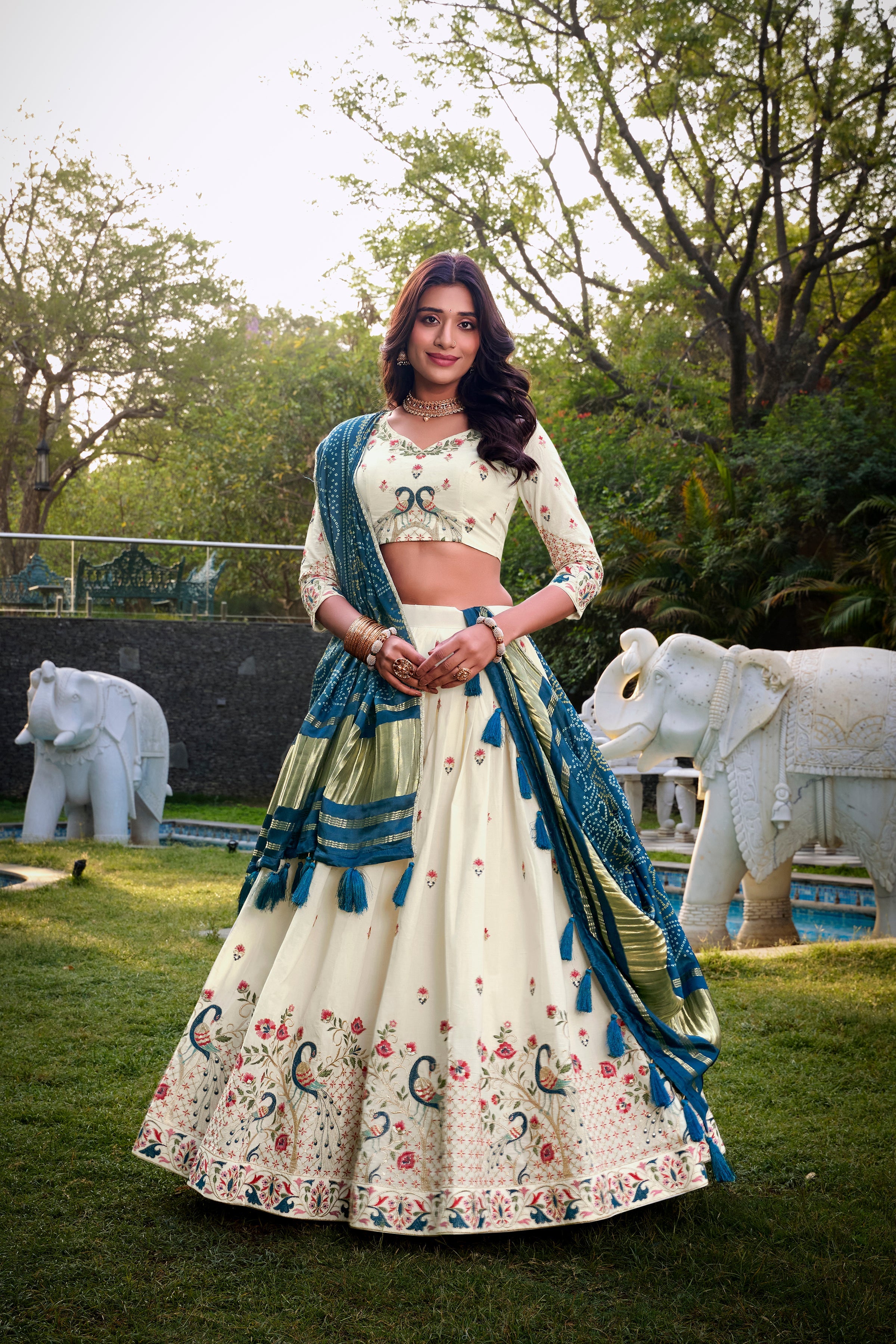 Lorenvalley Offwhite Khadi Cotton Sequins And Thread Embroidery Work Lehenga Choli with Dupatta | Grocsy