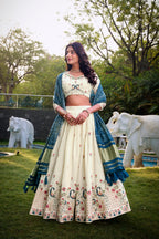 Lorenvalley Offwhite Khadi Cotton Sequins And Thread Embroidery Work Lehenga Choli with Dupatta | Grocsy