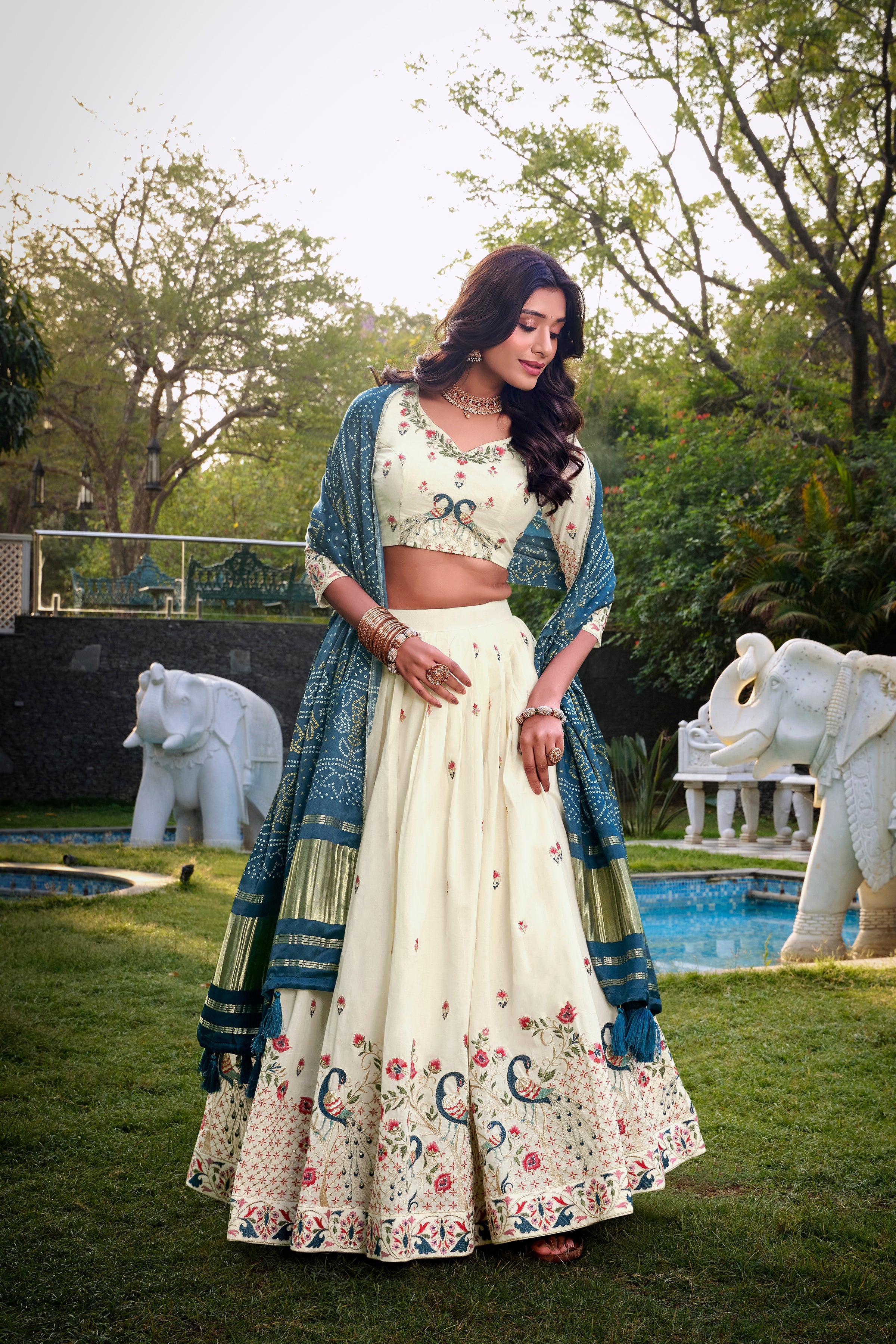 Lorenvalley Offwhite Khadi Cotton Sequins And Thread Embroidery Work Lehenga Choli with Dupatta | Grocsy