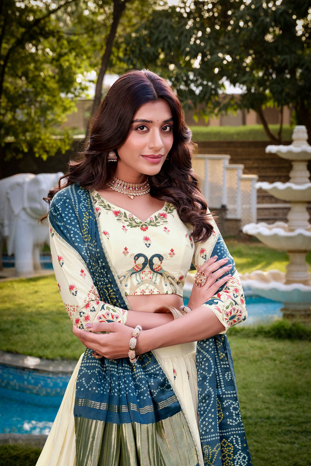 Lorenvalley Offwhite Khadi Cotton Sequins And Thread Embroidery Work Lehenga Choli with Dupatta | Grocsy