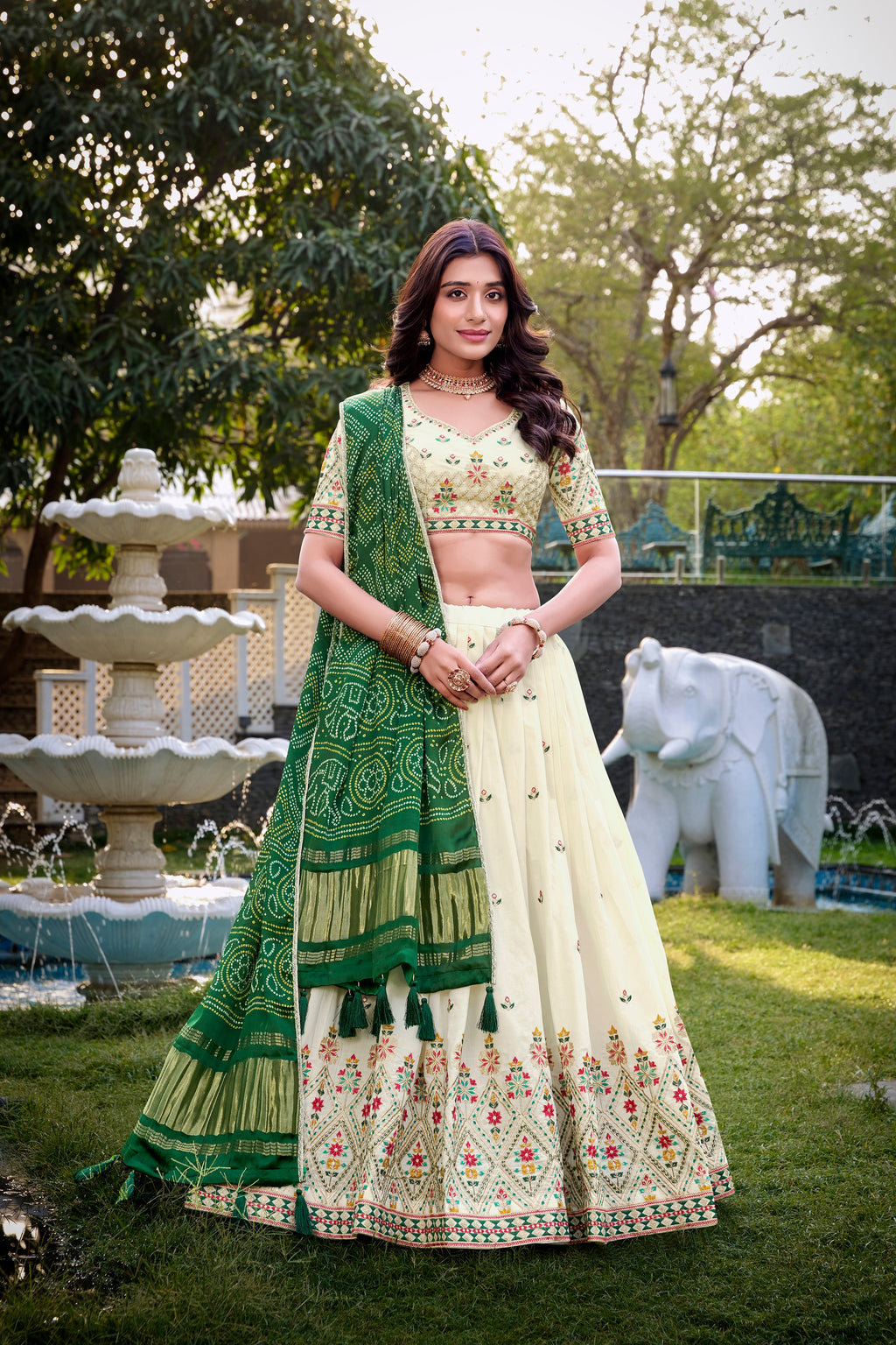 Lorenvalley Offwhite Khadi Cotton Sequins And Thread Embroidery Work Lehenga Choli with Dupatta | Grocsy