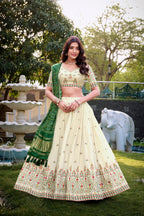 Lorenvalley Offwhite Khadi Cotton Sequins And Thread Embroidery Work Lehenga Choli with Dupatta | Grocsy