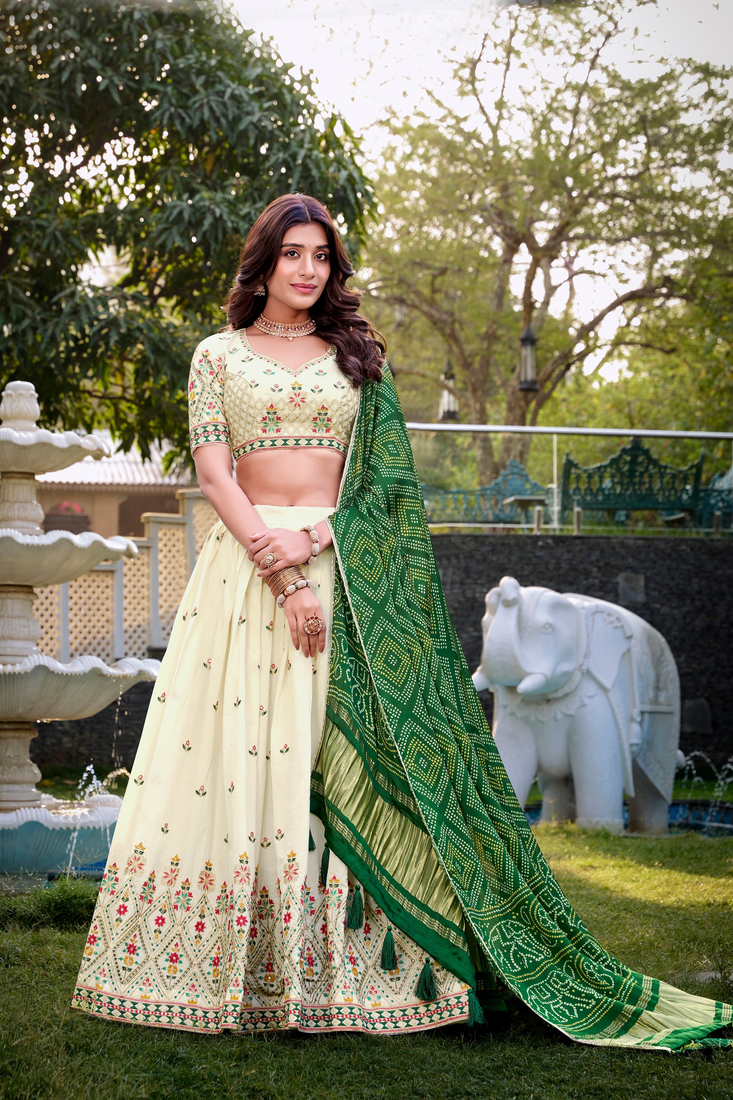 Lorenvalley Offwhite Khadi Cotton Sequins And Thread Embroidery Work Lehenga Choli with Dupatta | Grocsy