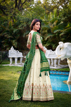 Lorenvalley Offwhite Khadi Cotton Sequins And Thread Embroidery Work Lehenga Choli with Dupatta | Grocsy