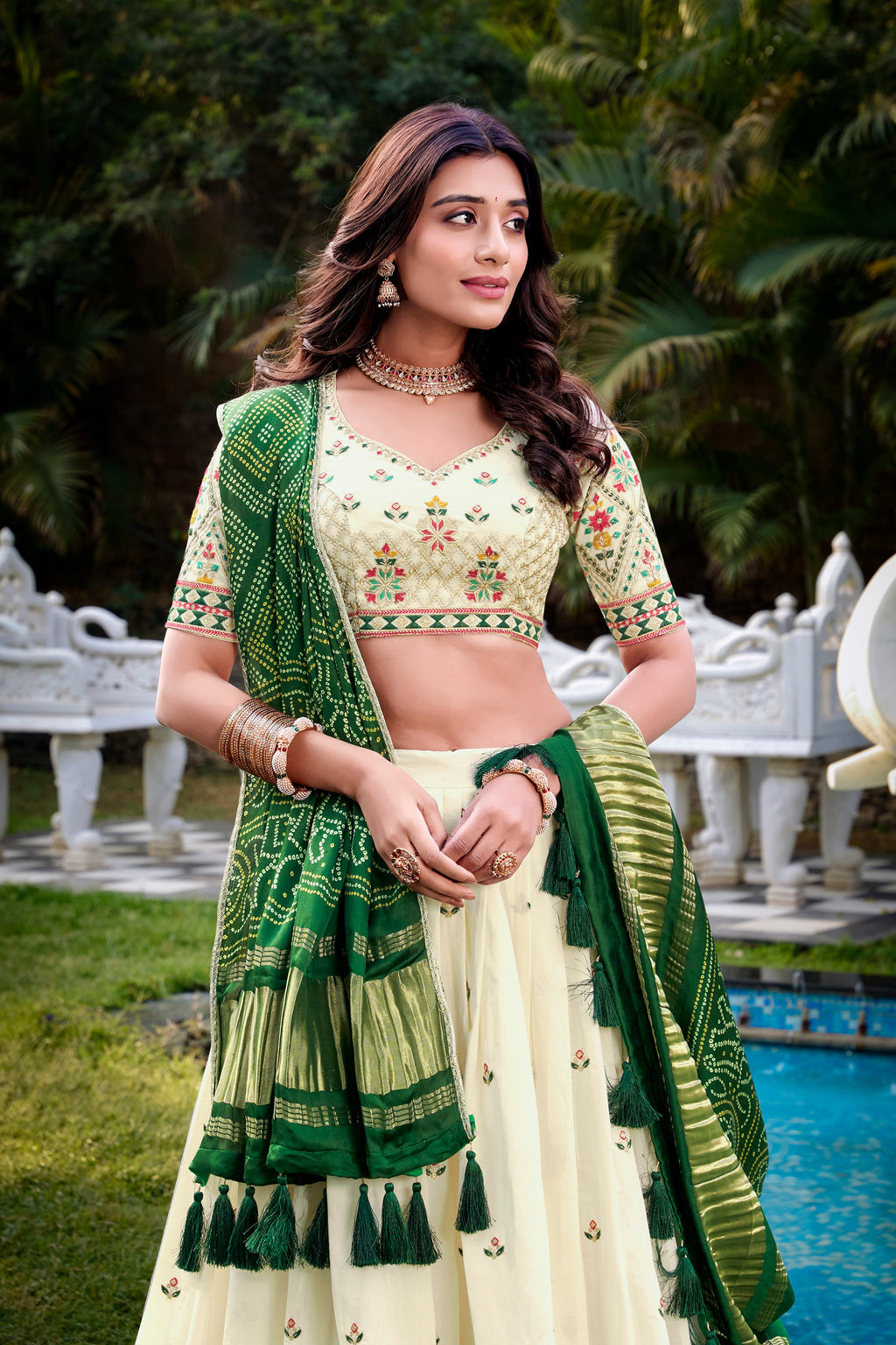 Lorenvalley Offwhite Khadi Cotton Sequins And Thread Embroidery Work Lehenga Choli with Dupatta | Grocsy