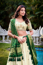 Lorenvalley Offwhite Khadi Cotton Sequins And Thread Embroidery Work Lehenga Choli with Dupatta | Grocsy