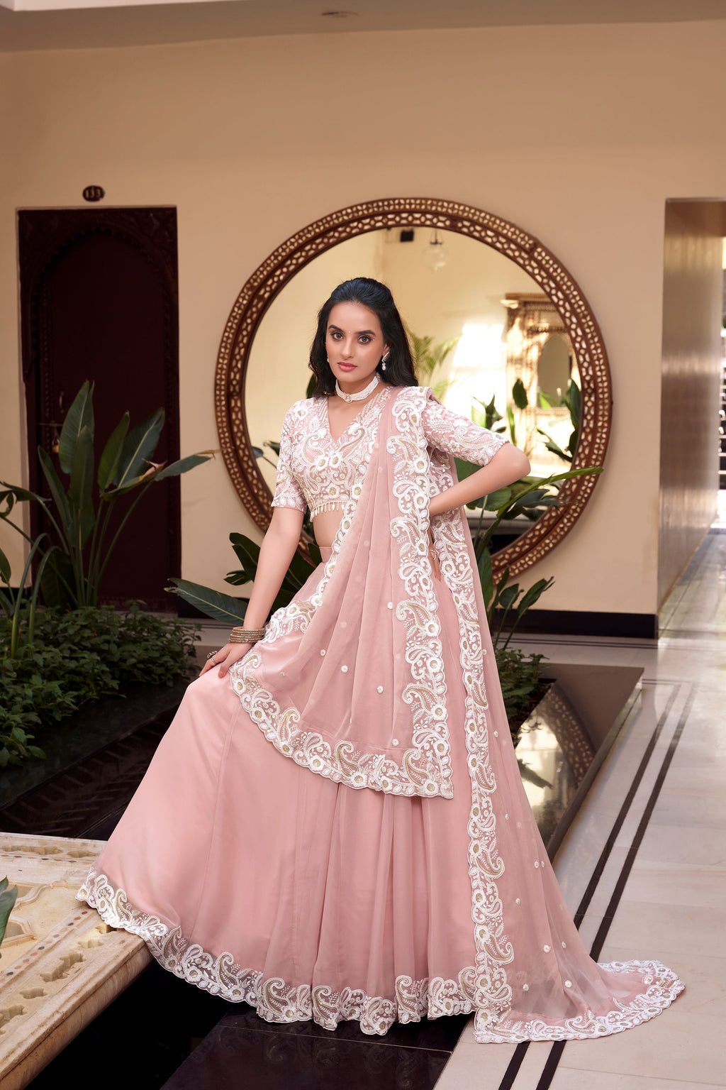Lorenvalley Peach Weone Silk Embellishment With Pearl Coding And Sequins Embroidery Work Lehenga Choli with Dupatta | Grocsy