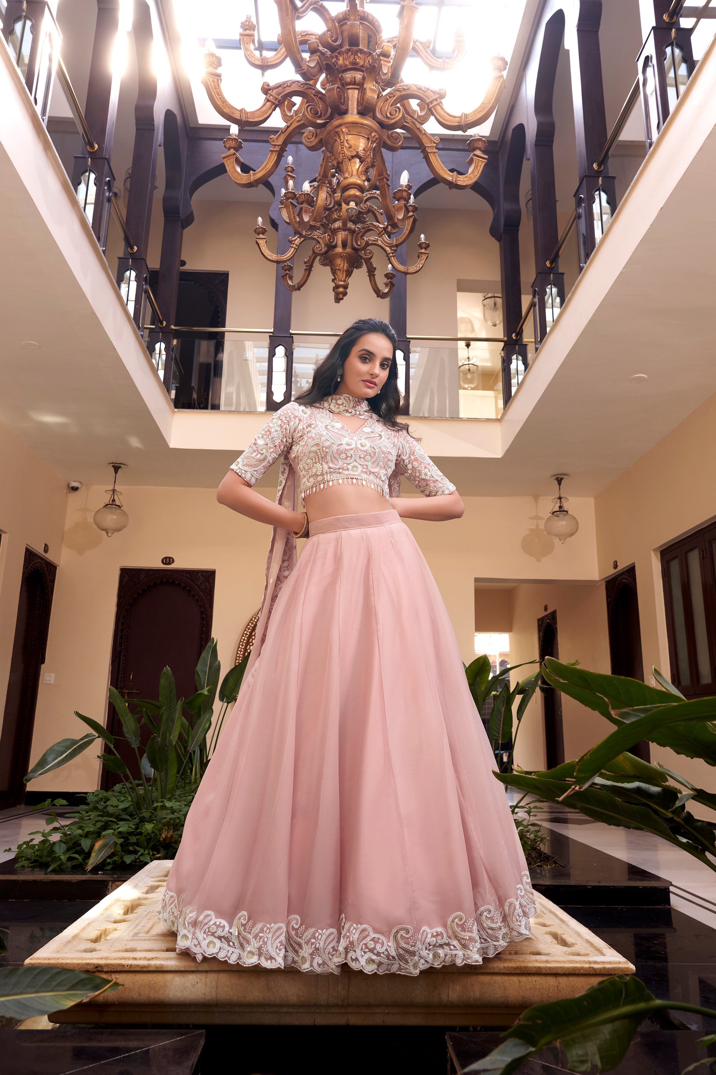 Lorenvalley Peach Weone Silk Embellishment With Pearl Coding And Sequins Embroidery Work Lehenga Choli with Dupatta | Grocsy