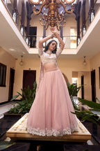 Lorenvalley Peach Weone Silk Embellishment With Pearl Coding And Sequins Embroidery Work Lehenga Choli with Dupatta | Grocsy