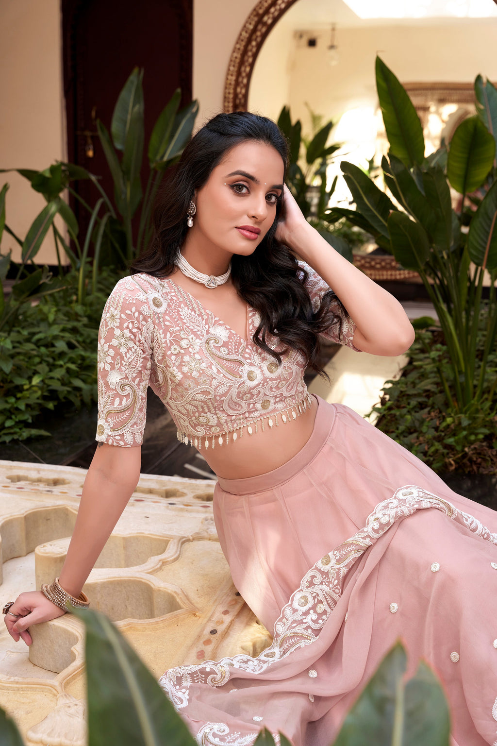 Lorenvalley Peach Weone Silk Embellishment With Pearl Coding And Sequins Embroidery Work Lehenga Choli with Dupatta | Grocsy