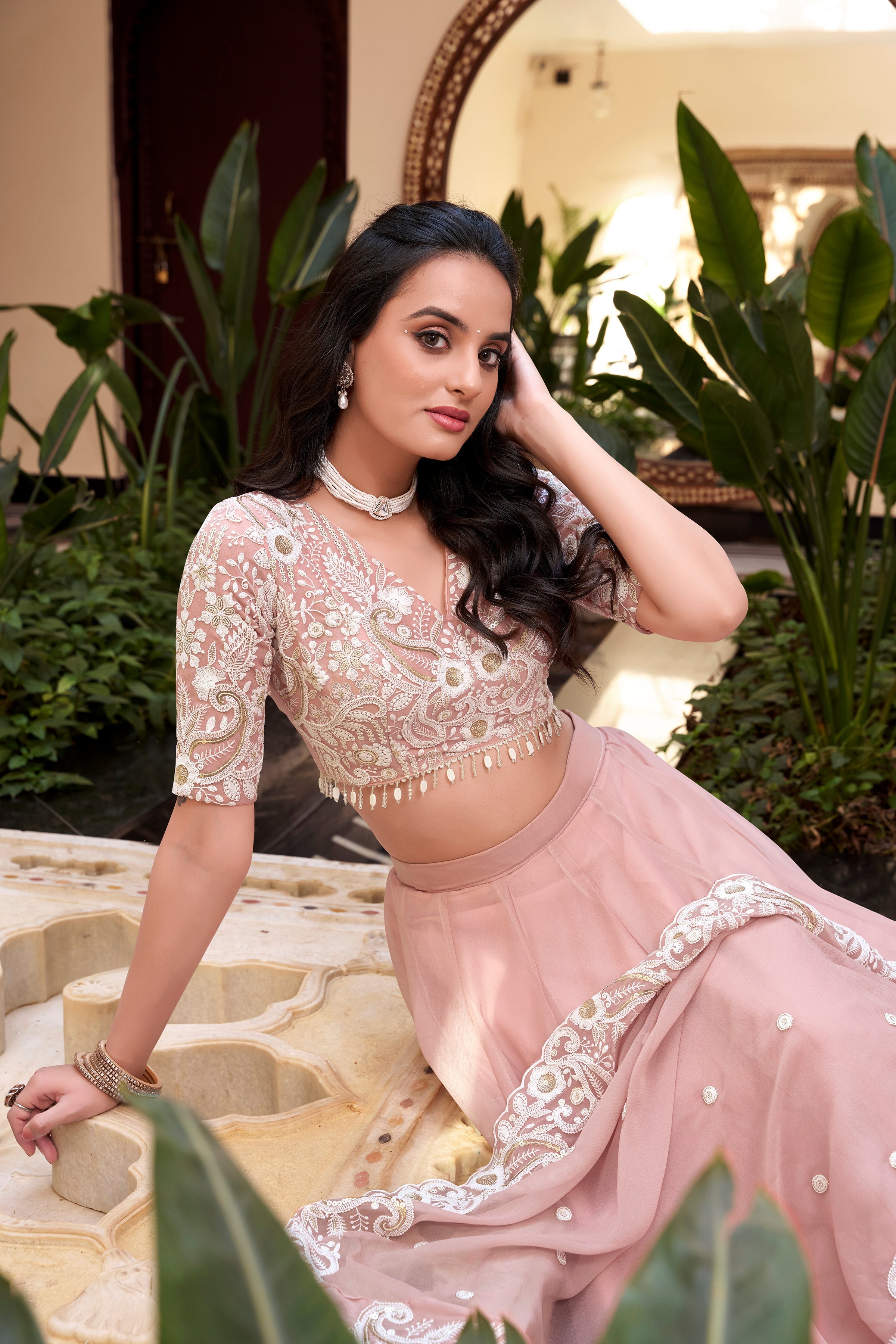 Lorenvalley Peach Weone Silk Embellishment With Pearl Coding And Sequins Embroidery Work Lehenga Choli with Dupatta | Grocsy
