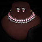 Tehzeeb Creations Silver Plated Pink Colour Stone Jewellery Choker Necklace Set With Matching Pair of Stud Earrings | Grocsy