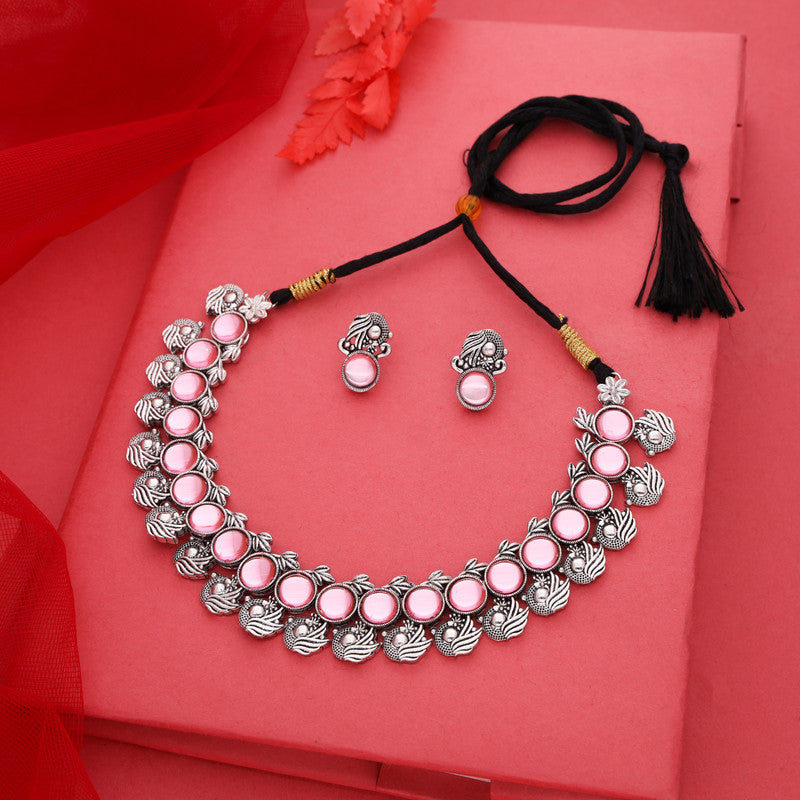 Tehzeeb Creations Silver Plated Pink Colour Stone Jewellery Choker Necklace Set With Matching Pair of Stud Earrings | Grocsy