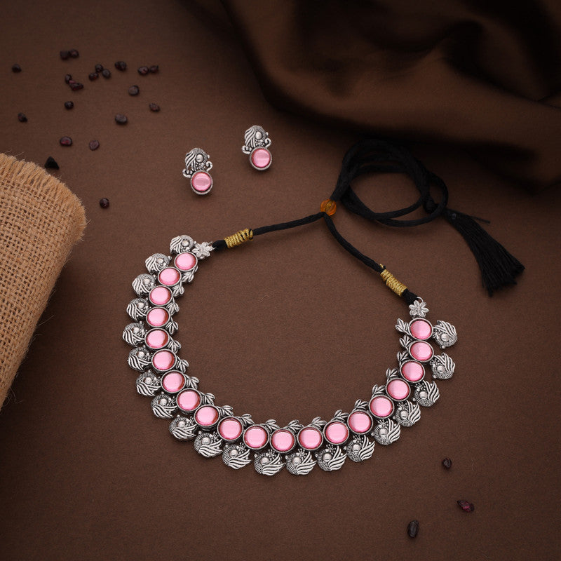 Tehzeeb Creations Silver Plated Pink Colour Stone Jewellery Choker Necklace Set With Matching Pair of Stud Earrings | Grocsy