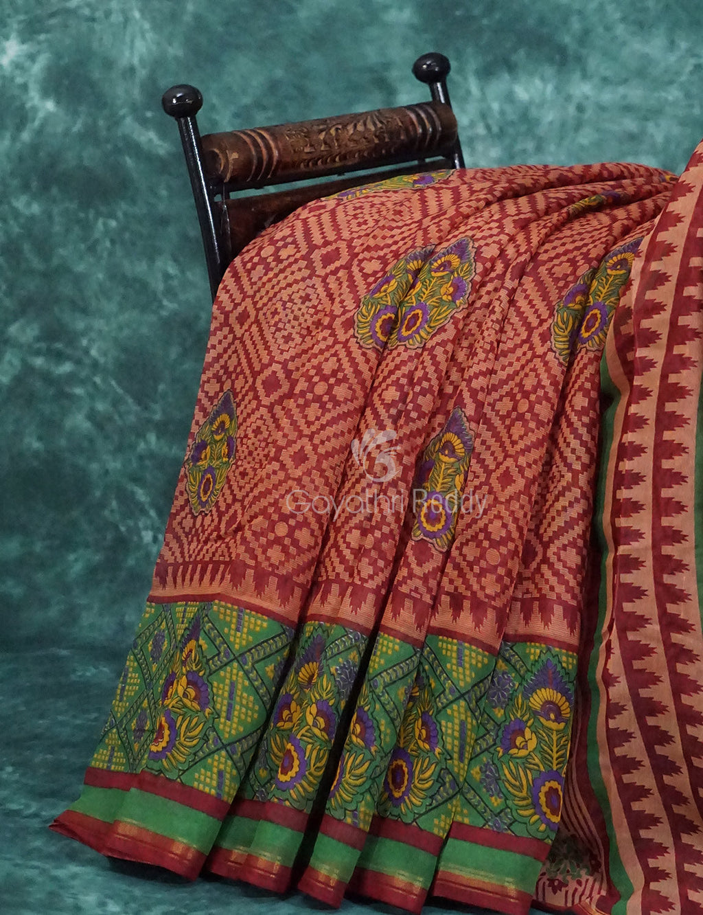Mix of Orange and Teracotta Red Printed Semi Chanderi Saree By Gayathri Reddy Designer Studio | Grocsy