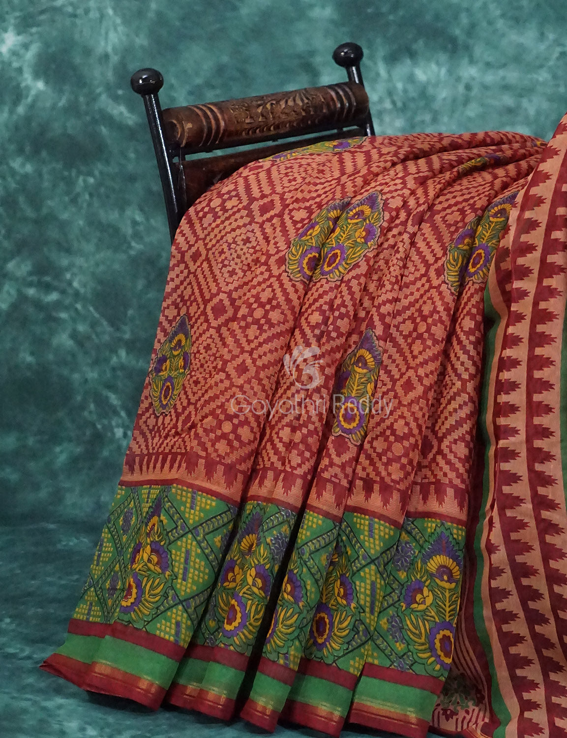 Mix of Orange and Teracotta Red Printed Semi Chanderi Saree By Gayathri Reddy Designer Studio | Grocsy