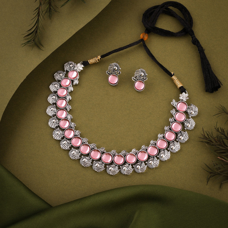 Tehzeeb Creations Silver Plated Pink Colour Stone Jewellery Choker Necklace Set With Matching Pair of Stud Earrings | Grocsy