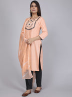 HERE&NOW Women Orange Floral Yoke Design Mirror Work Kurta with Trousers & Dupatta | Grocsy