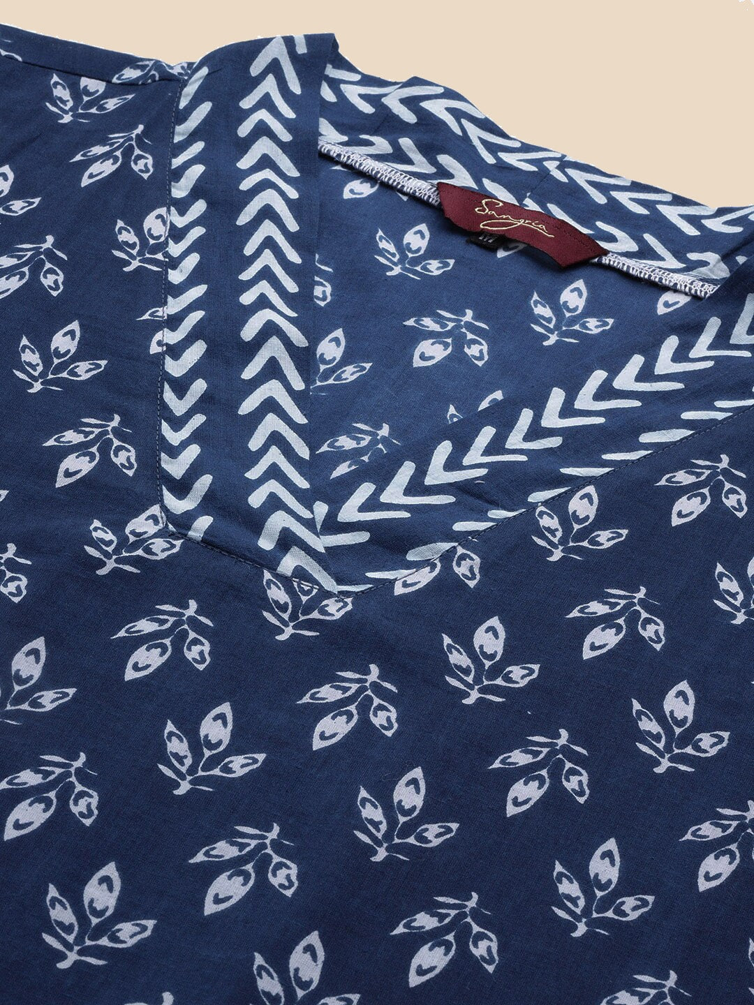 Sangria Blue & White Ethnic Motifs Printed V-Neck Pure Cotton A-Line Kurta With Salwar | Grocsy