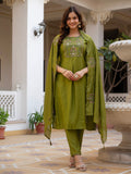 Vedant Vastram Viscose Silk Hand Work & Embroidery Work Stitched Salwar Suit Set-Mehandi | Grocsy