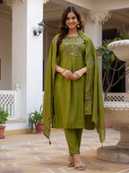 Vedant Vastram Viscose Silk Hand Work & Embroidery Work Stitched Salwar Suit Set-Mehandi | Grocsy
