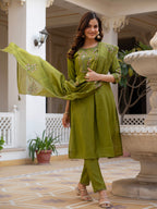 Vedant Vastram Viscose Silk Hand Work & Embroidery Work Stitched Salwar Suit Set-Mehandi | Grocsy