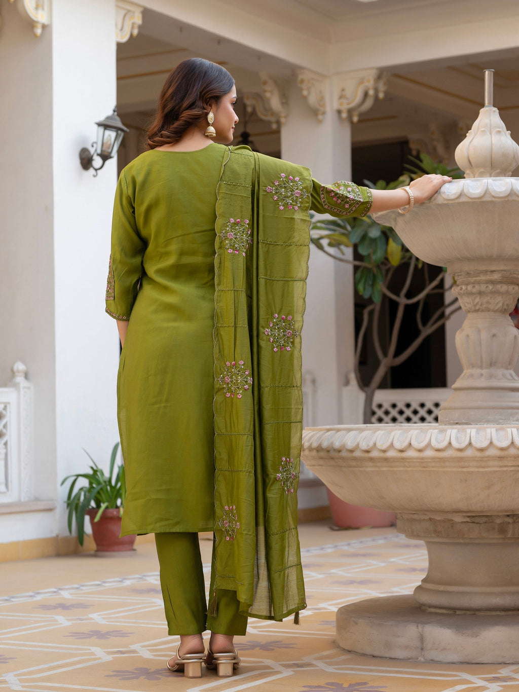 Vedant Vastram Viscose Silk Hand Work & Embroidery Work Stitched Salwar Suit Set-Mehandi | Grocsy