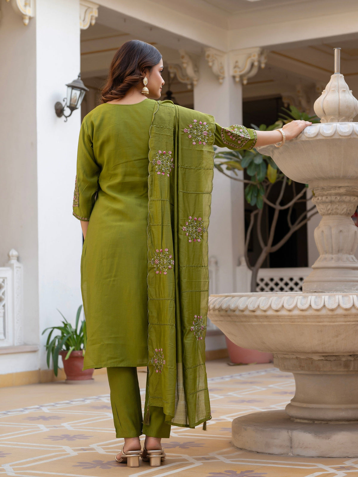 Vedant Vastram Viscose Silk Hand Work & Embroidery Work Stitched Salwar Suit Set-Mehandi | Grocsy