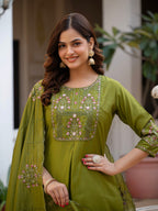 Vedant Vastram Viscose Silk Hand Work & Embroidery Work Stitched Salwar Suit Set-Mehandi | Grocsy