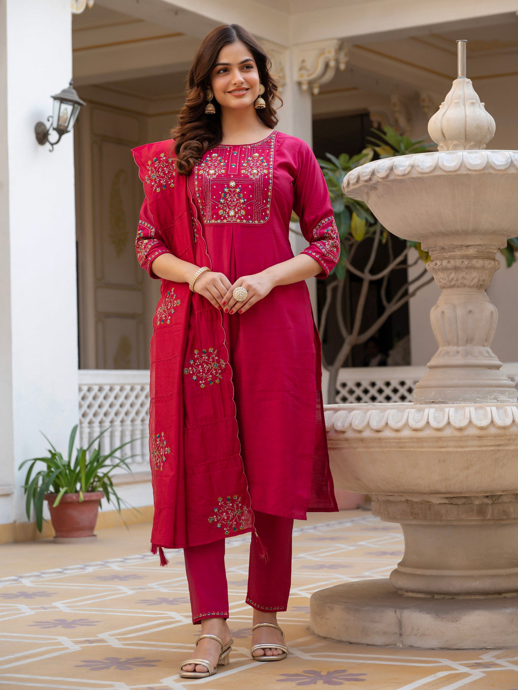 Vedant Vastram Viscose Silk Hand Work & Embroidery Work Stitched Salwar Suit Set-Pink | Grocsy