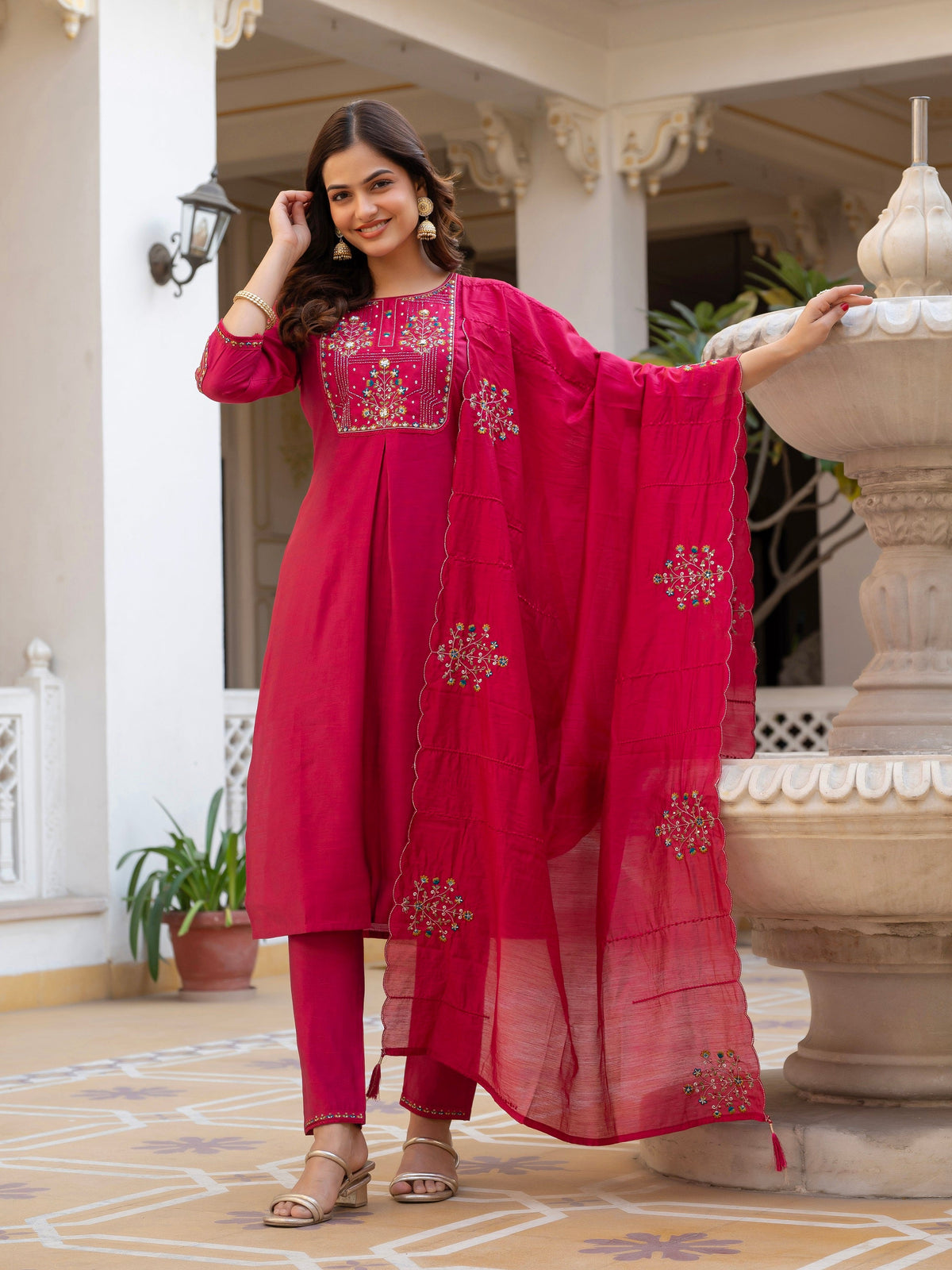 Vedant Vastram Viscose Silk Hand Work & Embroidery Work Stitched Salwar Suit Set-Pink | Grocsy