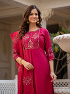 Vedant Vastram Viscose Silk Hand Work & Embroidery Work Stitched Salwar Suit Set-Pink | Grocsy