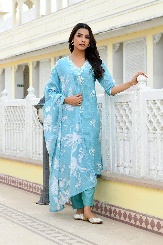Vaasva Women Blue Kota Doria Embroidered Solid Kurta Set With Solid Pants & Printed Dupatta | Grocsy
