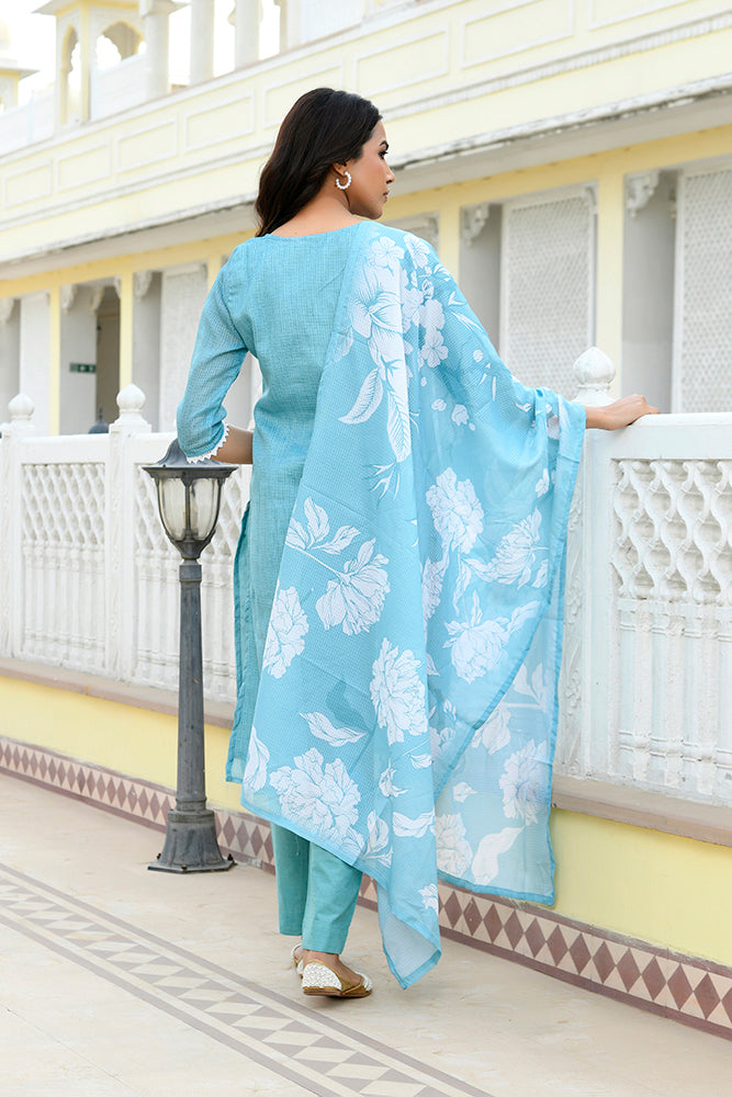 Vaasva Women Blue Kota Doria Embroidered Solid Kurta Set With Solid Pants & Printed Dupatta | Grocsy