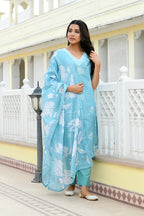 Vaasva Women Blue Kota Doria Embroidered Solid Kurta Set With Solid Pants & Printed Dupatta | Grocsy