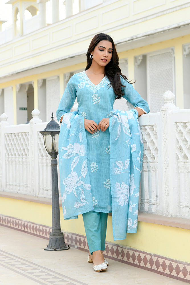Vaasva Women Blue Kota Doria Embroidered Solid Kurta Set With Solid Pants & Printed Dupatta | Grocsy