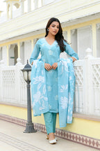 Vaasva Women Blue Kota Doria Embroidered Solid Kurta Set With Solid Pants & Printed Dupatta | Grocsy