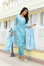 Vaasva Women Blue Kota Doria Embroidered Solid Kurta Set With Solid Pants & Printed Dupatta | Grocsy