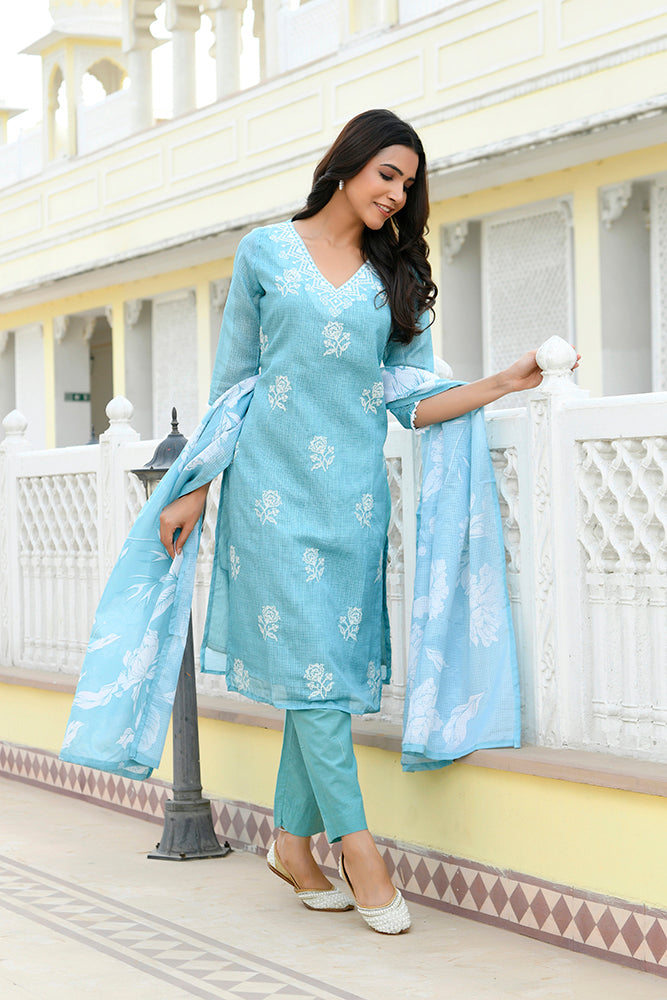 Vaasva Women Blue Kota Doria Embroidered Solid Kurta Set With Solid Pants & Printed Dupatta | Grocsy
