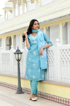 Vaasva Women Blue Kota Doria Embroidered Solid Kurta Set With Solid Pants & Printed Dupatta | Grocsy