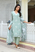 Vaasva Women Green Kota Doria Embroidered Solid Kurta Set With Solid Pants & Printed Dupatta | Grocsy