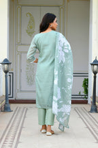 Vaasva Women Green Kota Doria Embroidered Solid Kurta Set With Solid Pants & Printed Dupatta | Grocsy