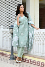 Vaasva Women Green Kota Doria Embroidered Solid Kurta Set With Solid Pants & Printed Dupatta | Grocsy