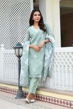 Vaasva Women Green Kota Doria Embroidered Solid Kurta Set With Solid Pants & Printed Dupatta | Grocsy