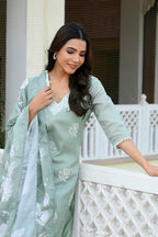 Vaasva Women Green Kota Doria Embroidered Solid Kurta Set With Solid Pants & Printed Dupatta | Grocsy
