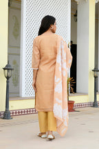 Vaasva Women Mustard Kota Doria Embroidered Solid Kurta Set With Solid Pants & Printed Dupatta | Grocsy
