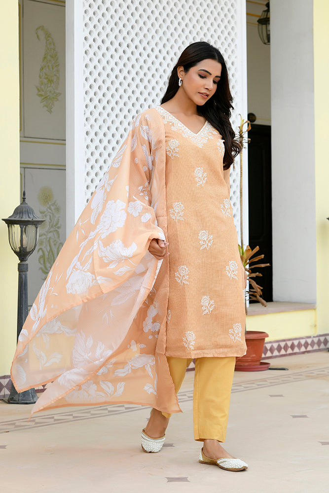 Vaasva Women Mustard Kota Doria Embroidered Solid Kurta Set With Solid Pants & Printed Dupatta | Grocsy