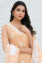 Vaasva Women Mustard Kota Doria Embroidered Solid Kurta Set With Solid Pants & Printed Dupatta | Grocsy