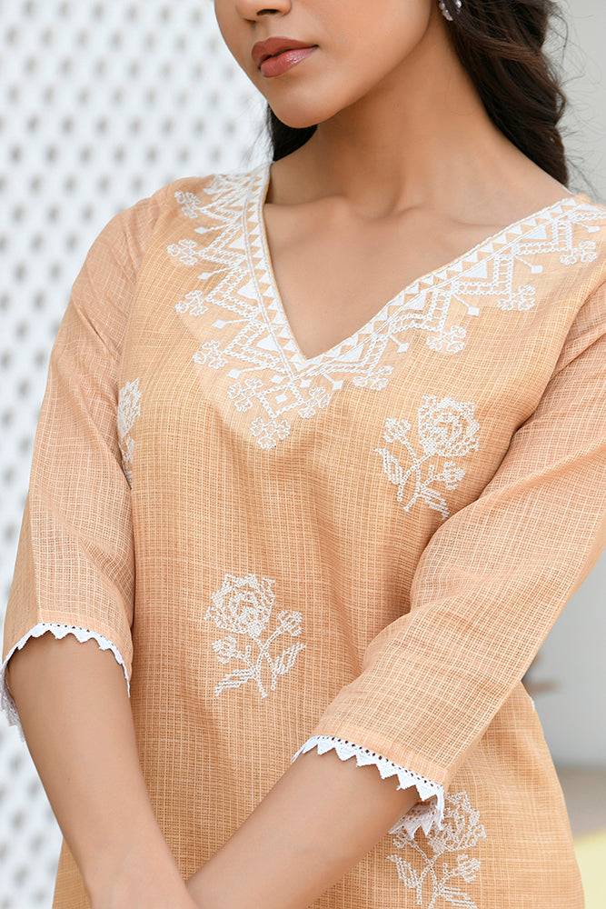 Vaasva Women Mustard Kota Doria Embroidered Solid Kurta Set With Solid Pants & Printed Dupatta | Grocsy